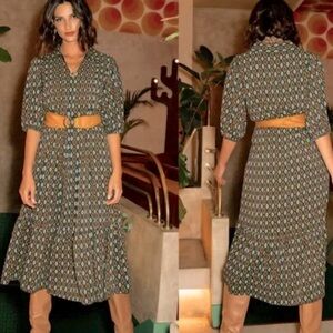 Bohme Serenity Green Boho Collared Patterned Midi Dress Size Large